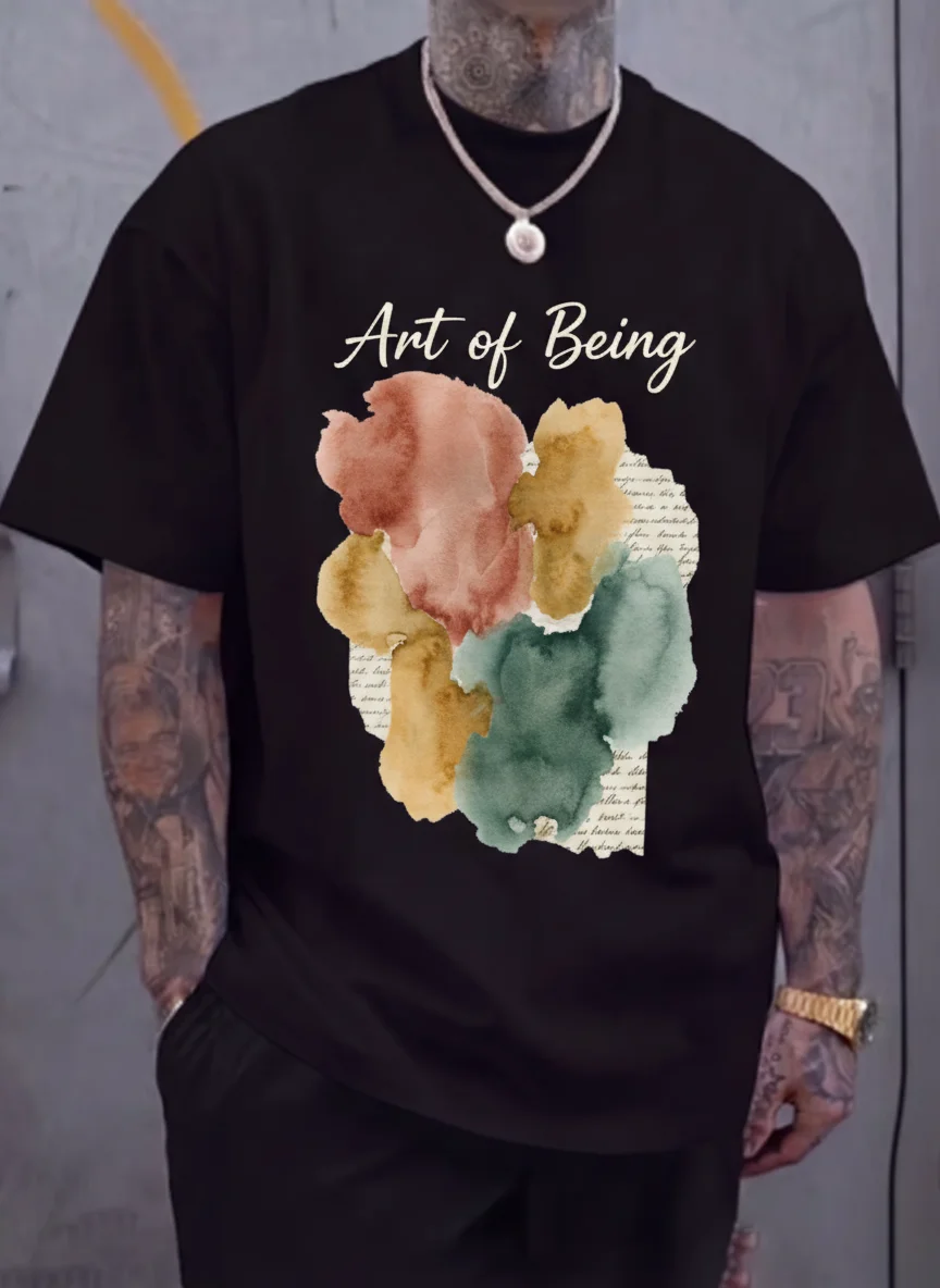 Camiseta gráfica abstracta de acuarela Art of Being en negro con estampado de manchas de color mostaza y verde, camiseta estampada unisex para hombre