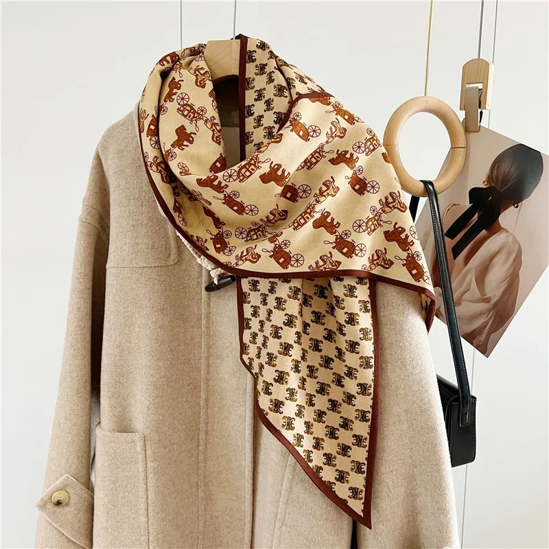 Carruagem impressão dupla face xales marca de luxo feminino longo cachecol de lã de seda cachecóis de pescoço de inverno foulard anel cachecóis ponch