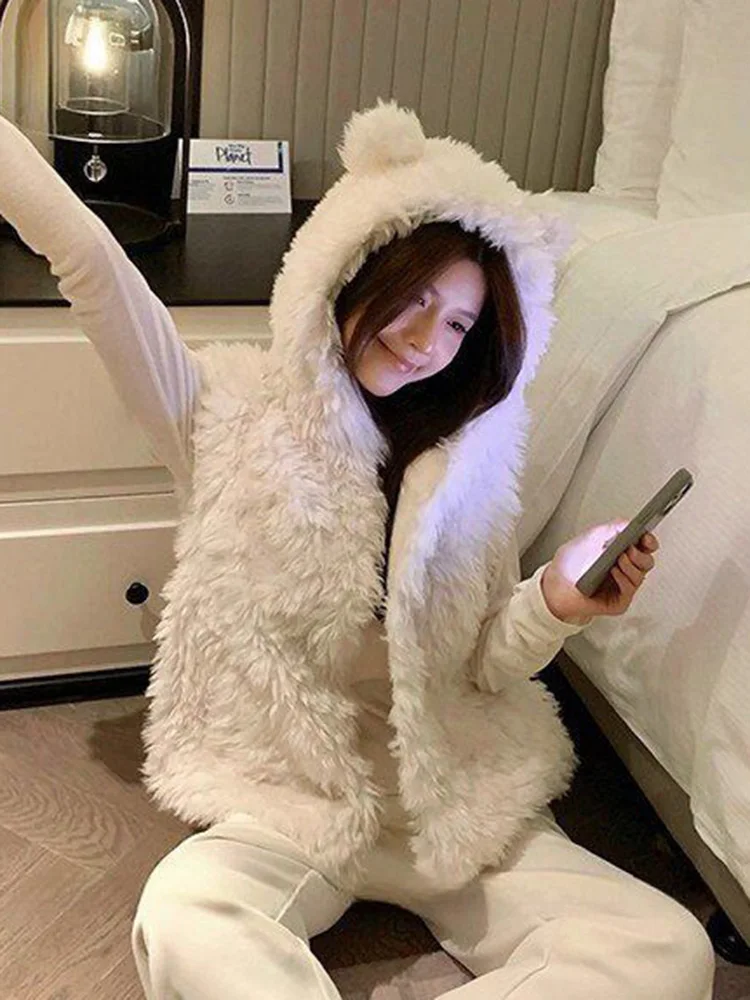 Winter Bear Ears Cute Vest Women Sweet Warm Faux Lamb Kawaii Tops Coat Korean Casual Preppy Style Female Single Breasted Vest