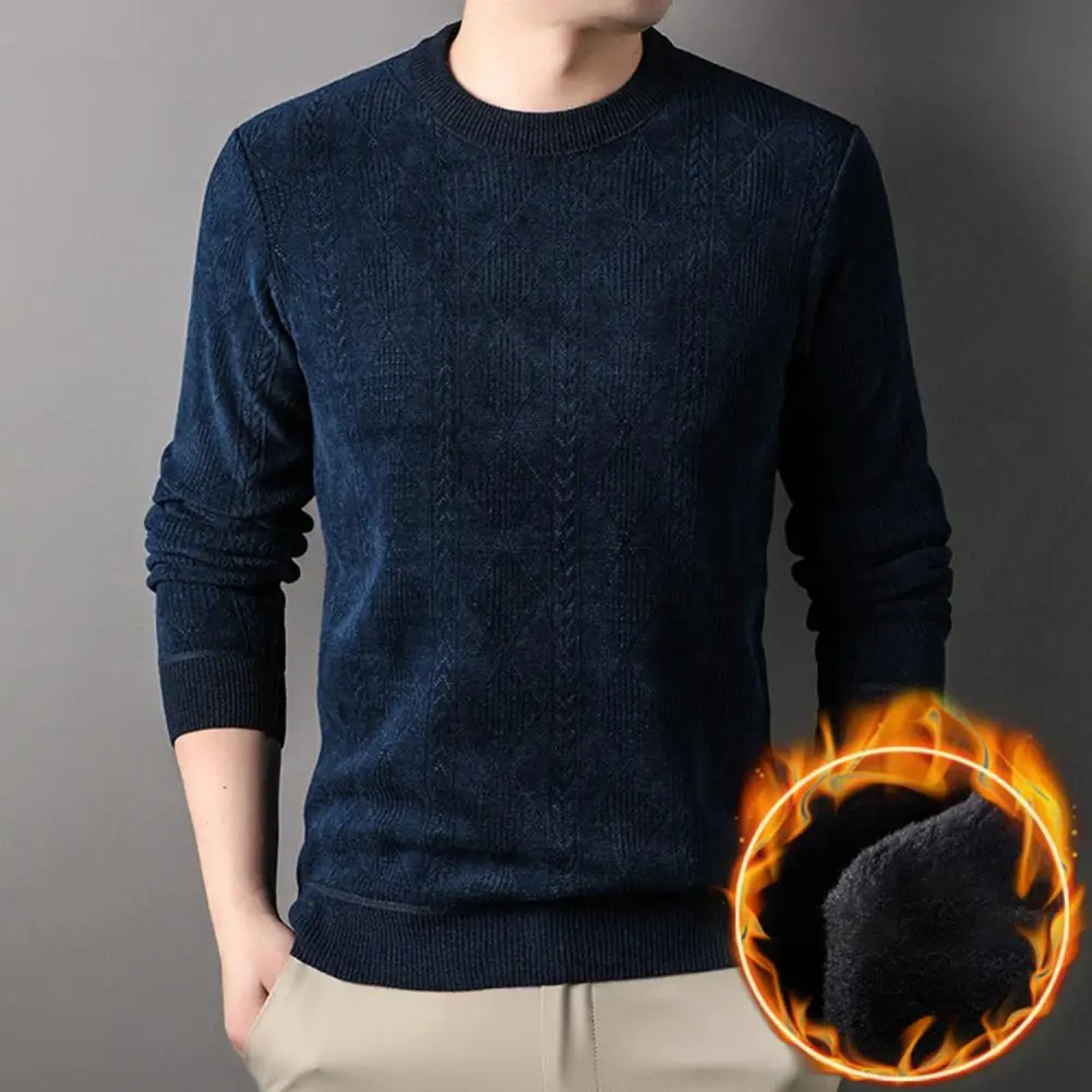 

Men Solid Color Sweater Cozy Winter Sweater Collection Teenager's Casual O-neck Pullover Versatile Men's Knitted Top with Plush