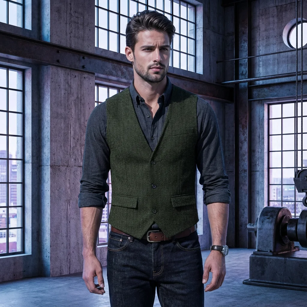 

Men's Suit Vest Formal Business V Neck Wool Herringbone Tweed Casual Waistcoat Vest Groomman For Green/Black/Brown/Coffee