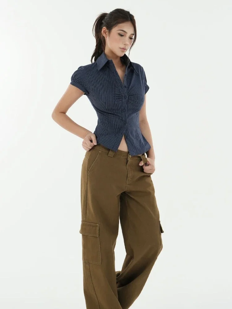 Vintage Damen-Bluse mit Karomuster, plissiert, 2023, Sommer, Y2k, ästhetisch, einreihig, figurbetont, T-Shirt, Harajuku, Grunge, Fee, abgeschnittene Blusas