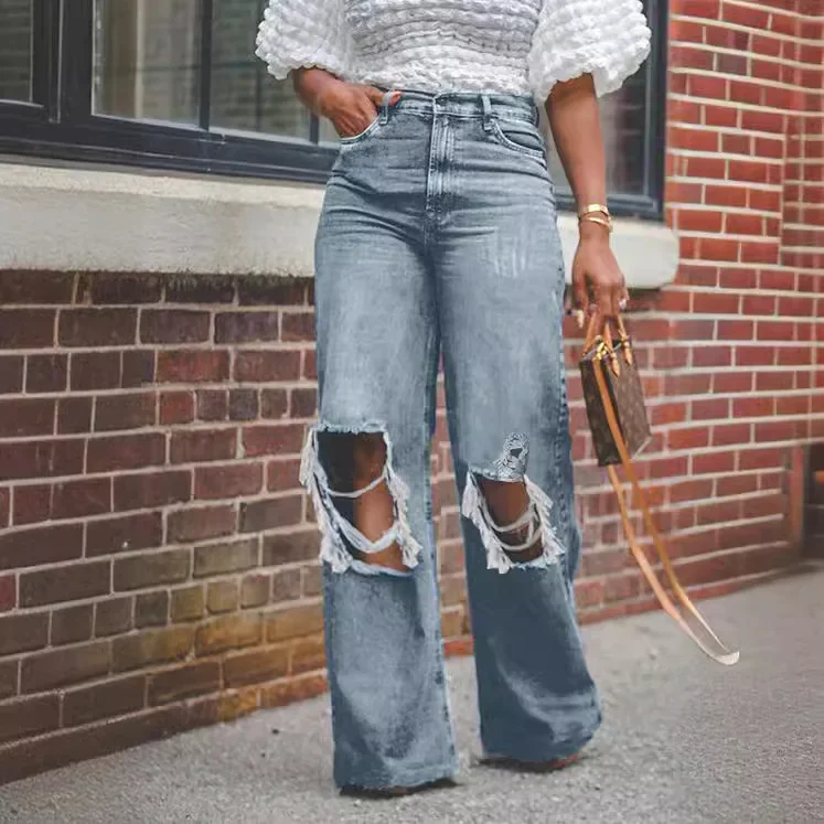 

Wide Leg Jeans Women Hole Pants Denims High Waist Distressed Ripped Mom Y2k Vintage Streetwear Loose Trousers Floor Length