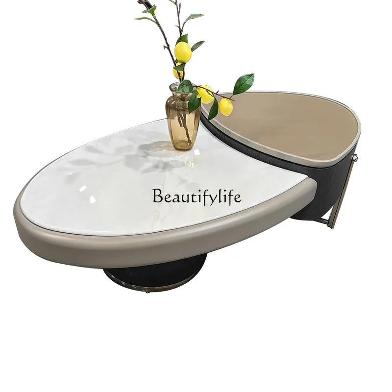 New Italian minimalist rock slab coffee table high-end saddle leather oval light luxury modern