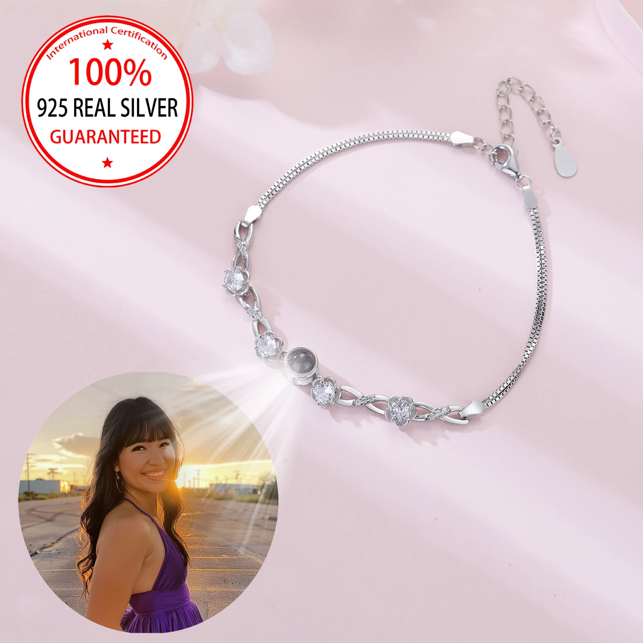 Custom Color Picture Projection Zircon S925 Bracelet Hollow Design For Girlfriend Lover 2025 Valentine Birthday Romantic Gifts