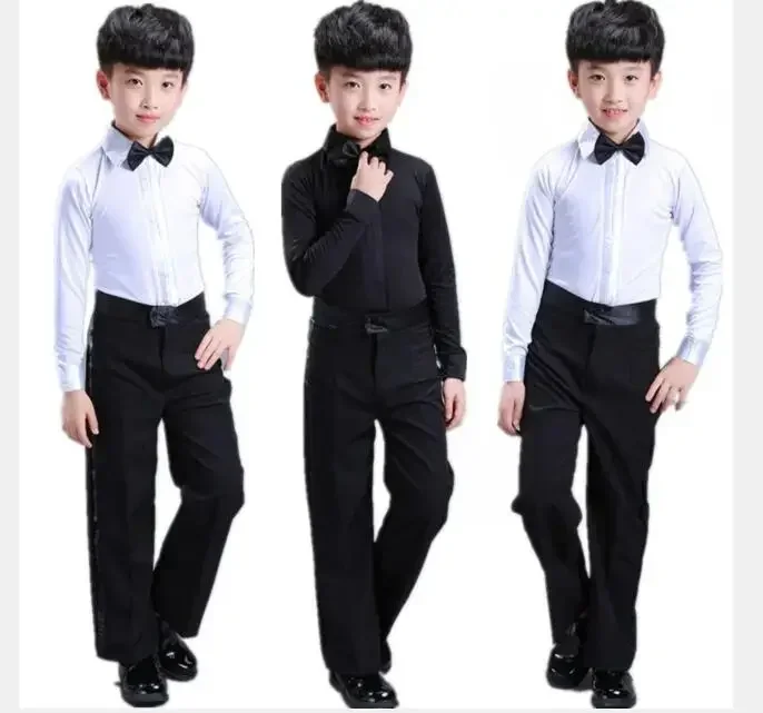 Boys Latin Dance Costume Ballroom Cha Cha Tango Stage Performance Costumes Children Black White Bow Top and Pant