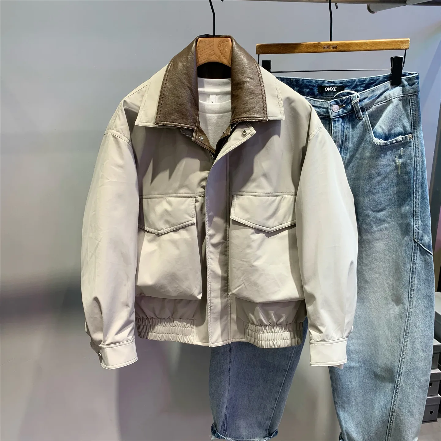 

Trendy Men's PU Leather Collar Patchwork Loose Workwear Jaet Spring New Vintage Casual Haome Zipper Closure Long Sve