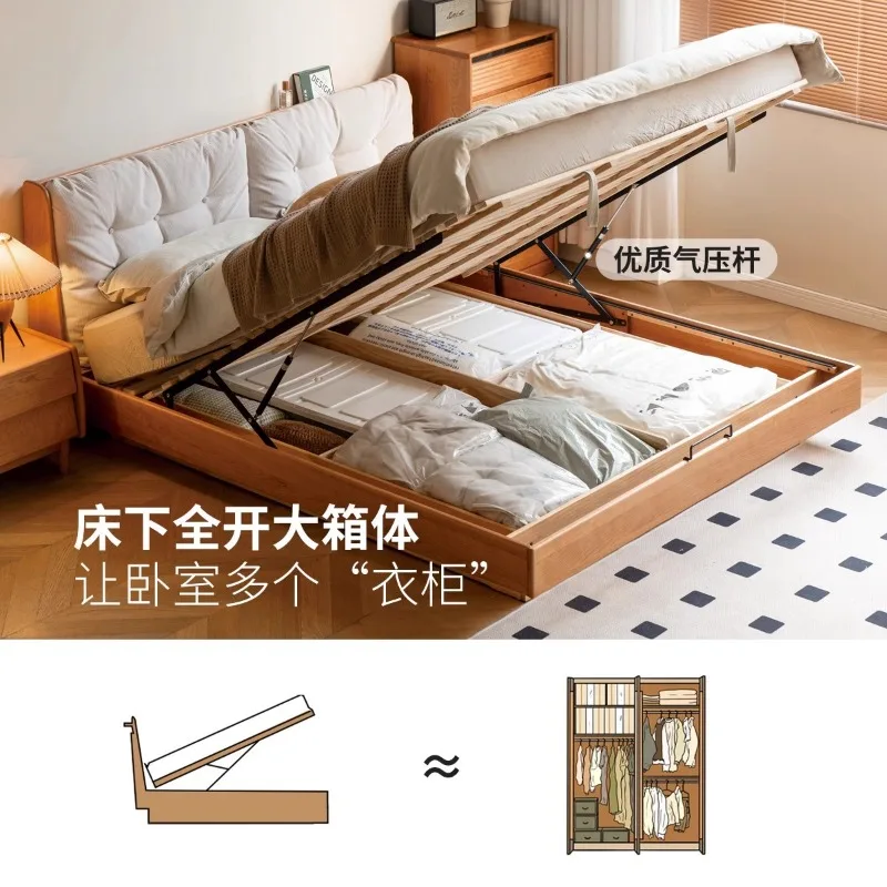 

Solid wood box bed Storage bed Cherry wood double bed Modern simple soft floating Storage