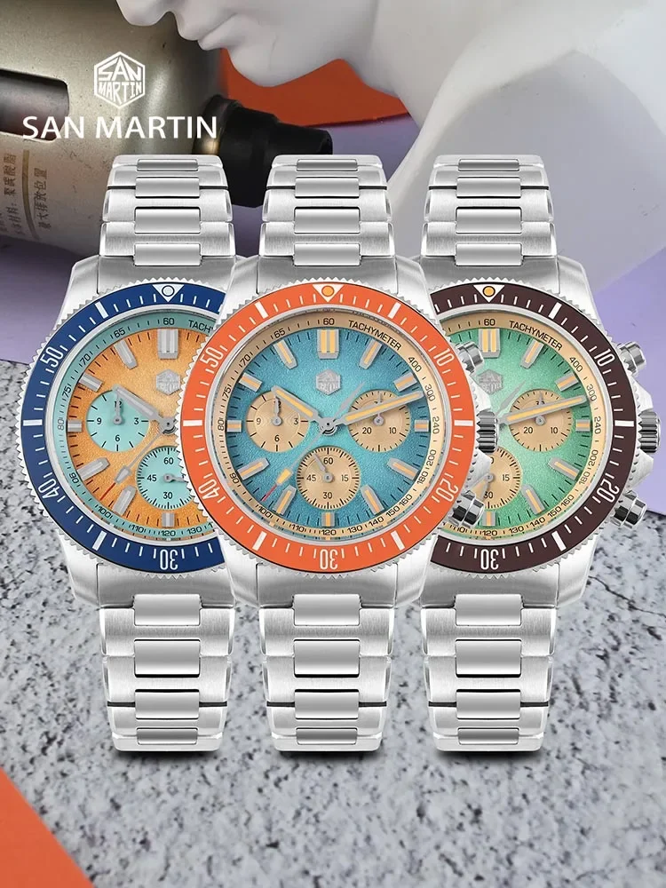 San Martin 40mm Diver Chronograph Watch Peacock SL-4801 Automatic Movement Luxury Men Mechanical Wristwatch Waterproof SN0118
