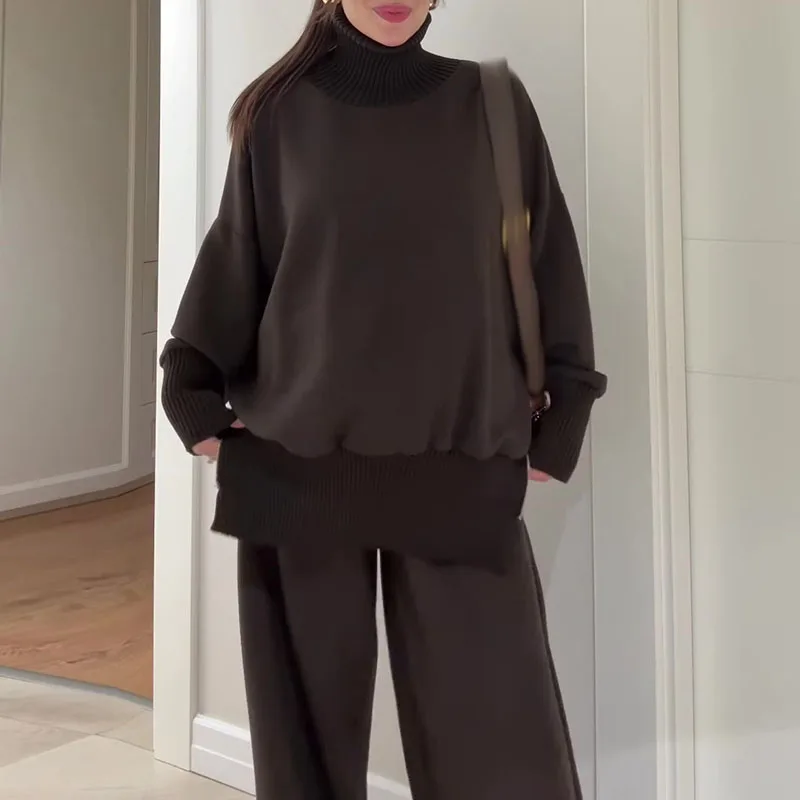 Outono inverno solto de malha duas peças conjunto simples cor sólida manga longa roupa casual feminino elegante bolso calças retas terno