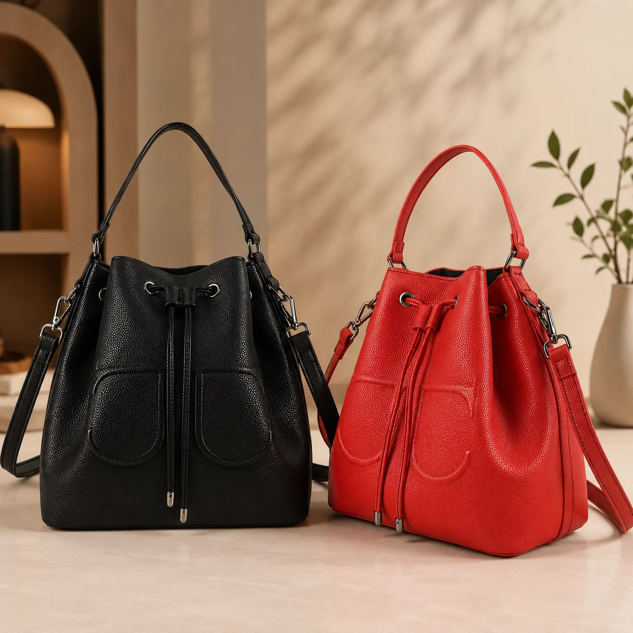 Women Drawstring Bucket Bag Pebbled PU Leather Top Handle Crossbody Bag Ladies Casual Shoulder Purse for Daily Use