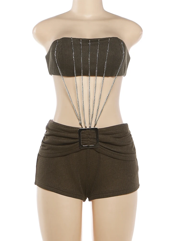 Weird Puss Metal Chain Patchwork 2 Piece Set Woman Sexy Wrap Chest Backless Tank Tops+Skinny Shorts Street Sexy Fashion Outfits view 6