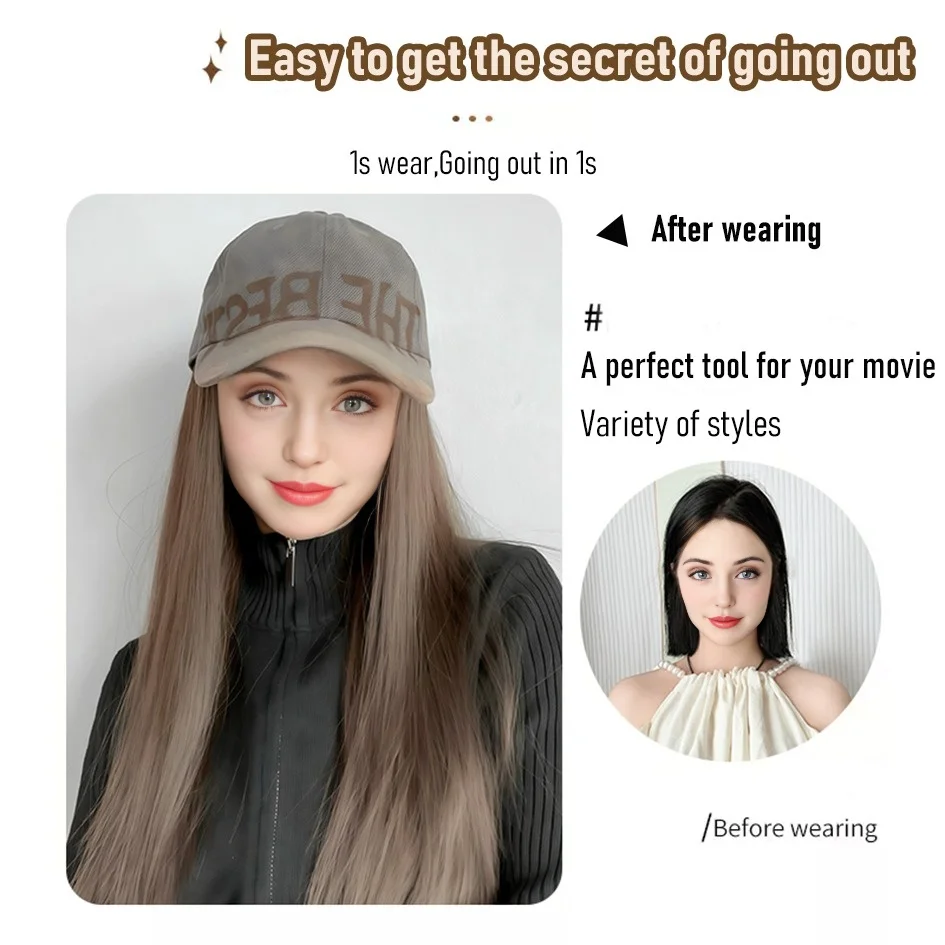 Synthetic18inch gray and blue ducktail cap long straight wig one piece hair extensions baseball cap daily party Christmas