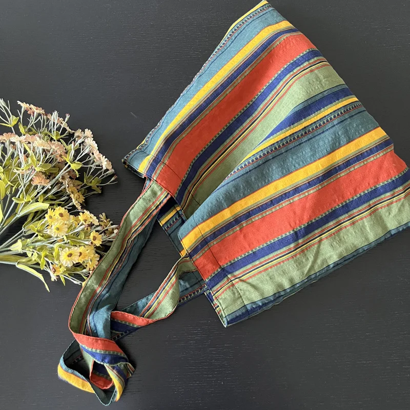 Vintage Color Rainbow Stripes Shoulder Bag Handbag Eco Reusable Capacity Girl Shopping Thin Cloth Bag Women Outdoor Travel Tote