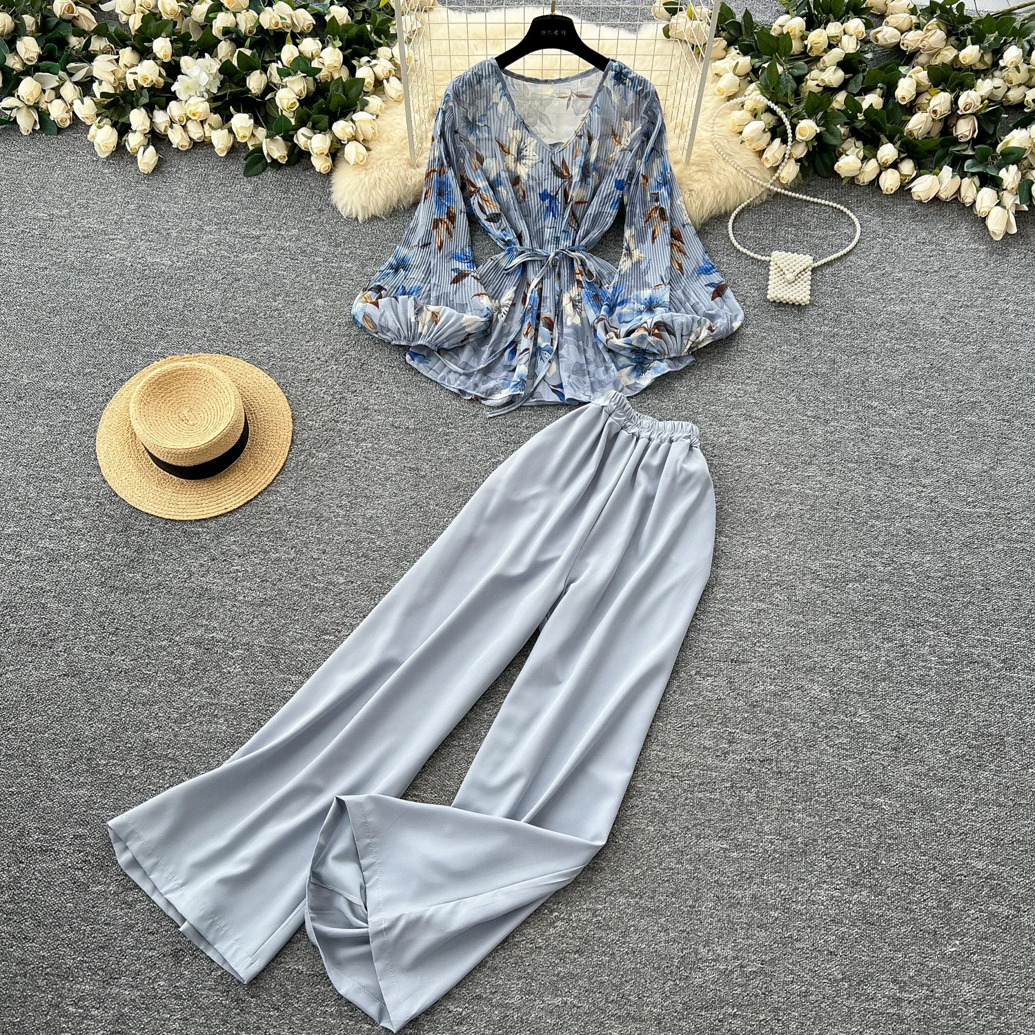 Elegant Long Lantern Sleeves Vintage V-neck Print Bandage Top Chic High Waist Wide Leg Pants High Street Autumn Two-piece Sets