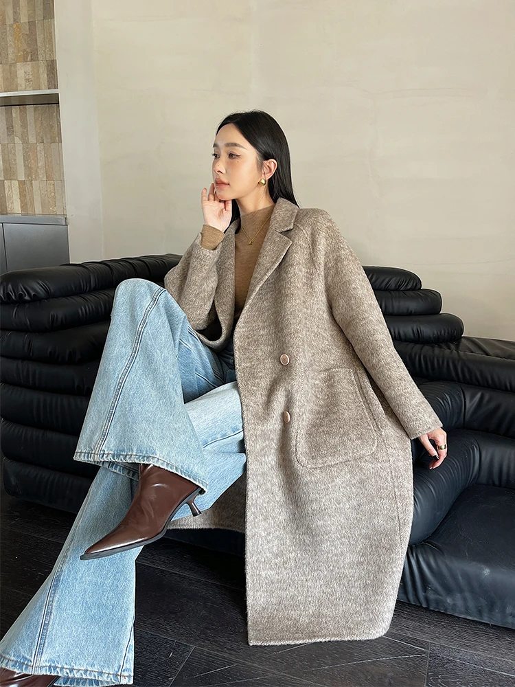 

Двустороннее шерстяное пальто-миди для женщин, свободного кроя, в корейском стиле, класса люкс, осень-зима 2025, новинка
