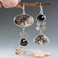 Vintage Asymmetrical Water Drop Flower Earrings Inlaid With Black Stones Metal Statement Accessories Jewelry