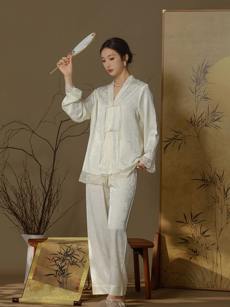 2024 New Chinese Long-Sleeved Satin Thin Pajamas Suit Ice Silk National Style Home Clothes Spring Summer Outer Wear Home Clothes