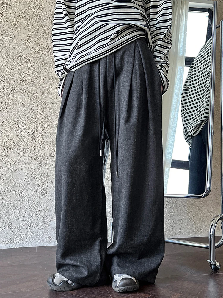 [EAM] High Elastic Waist Navy Blue Pleated Long Wide Leg Pants New Trousers Women Fashion Tide Spring Autumn 2024 1DH7201