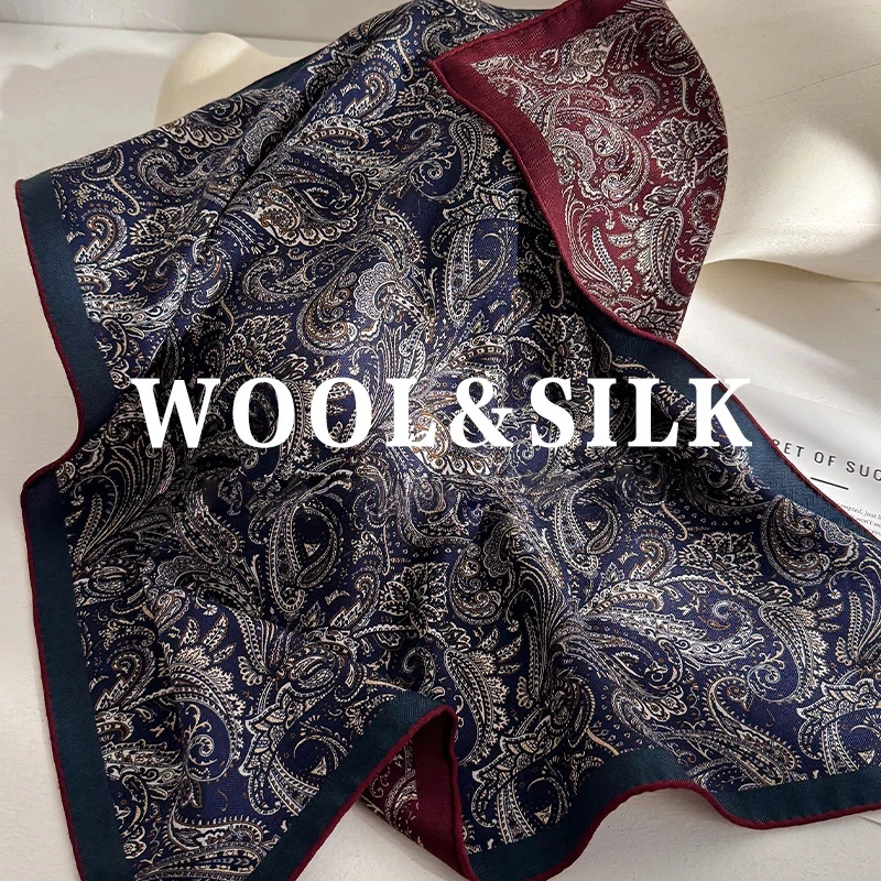 70% Wool 30% Silk Scarf Luxury Brand Neck Warmer Vintage Ethnic Navy Blue Paisley Print Square Scarf Winter Head Scarf