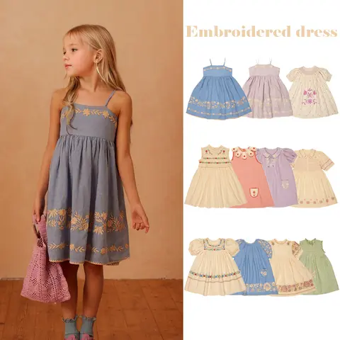 어린이 드레스 2025 여름 APO 빈티지 양재 무거운 놀이 꽃 소녀 공주 드레스 수 놓은 어린이 드레스