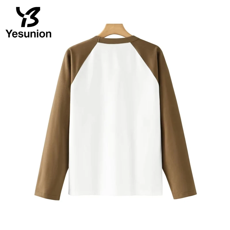 Kaus katun lengan panjang kerah bulat uniseks kaus bersirkulasi tambal sulam modis kaus nyaman lembut musim gugur