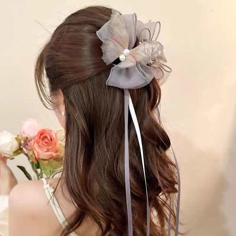 Mesh Butterfly Hair Clip for Woman Sweet Tassel Ribbon Shark Clip Cute Girl Back of The Head Hair Clamp