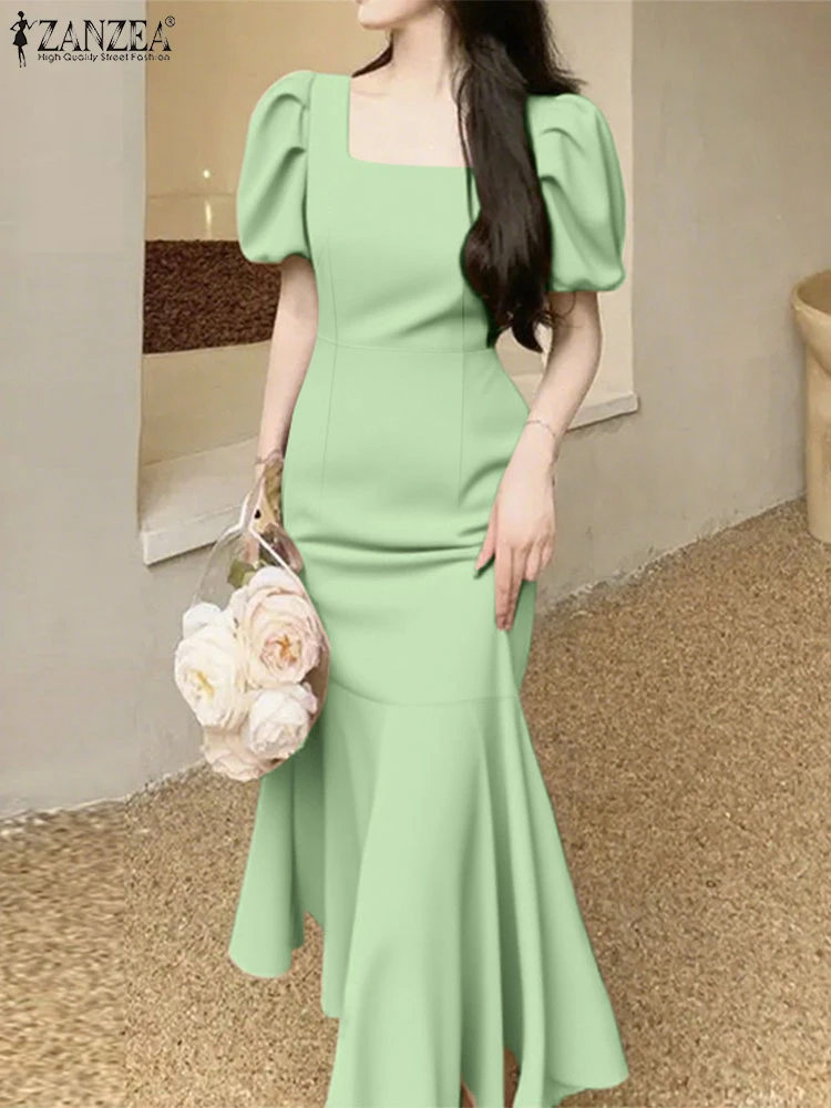 

ZEAZEA Women Trumpet Maxi Dress Elegant Evening Party Long Vestidos Summer Casual Square Neck Sundress 2025 Puff Sleeve Robe