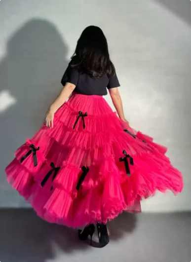 Fuchsia High Low  Skirts Faldas Saia Custom Made Color And Size  Women Long Tiered Tulle  Skirt 2025 New