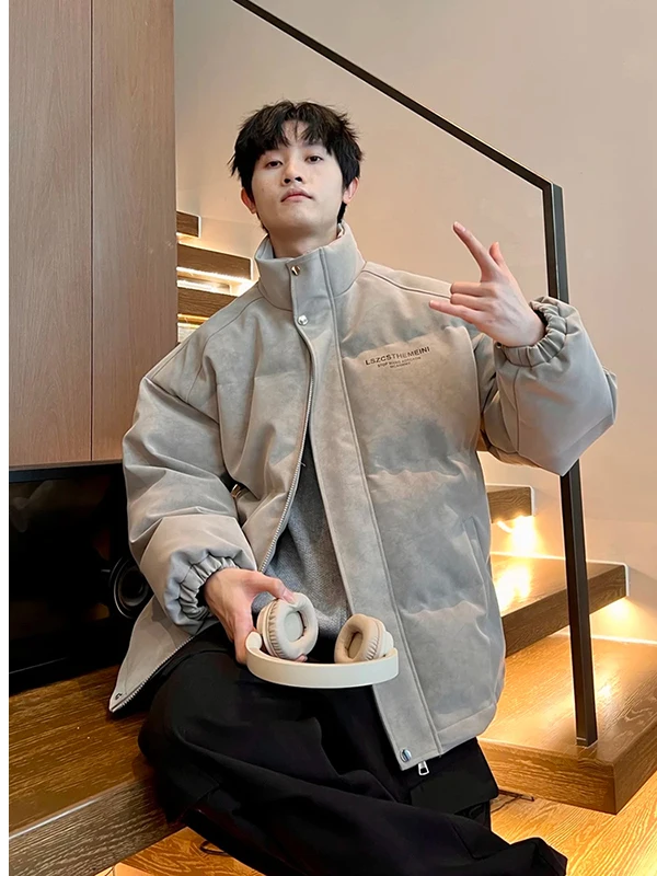 

American Retro Thiened PU Leather down Jaet Men's Winter Warm Stand Collar Faionable Brand High-End Feeling Cotton Coat