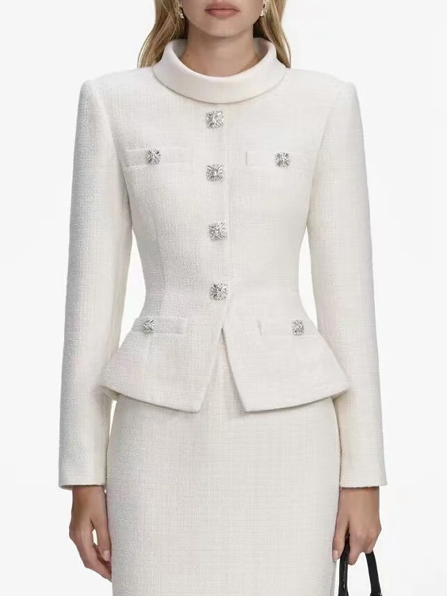 High-End Women's Suiting Set with Stand Collar Tweed Top And Half Skirt for Autumn Winter Commute Simple Style High Waist