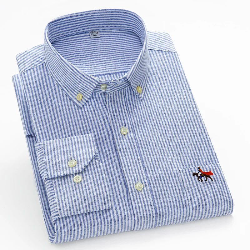 M~6XL Men\'s Shirt Long Sleeve Cotton Oxford Fashion Casual Pocket Regular Fit Solid Color StripeBusiness Formal Shirt