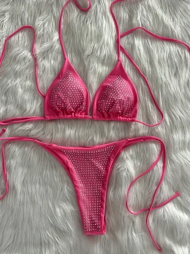 Imagen 2 del producto Bikini envolvente con lentejuelas brillantes para mujer, traje de baño con joyas, conjunto de Bikini de dos piezas, traje de baño con cuello Halter, tendencia de natación