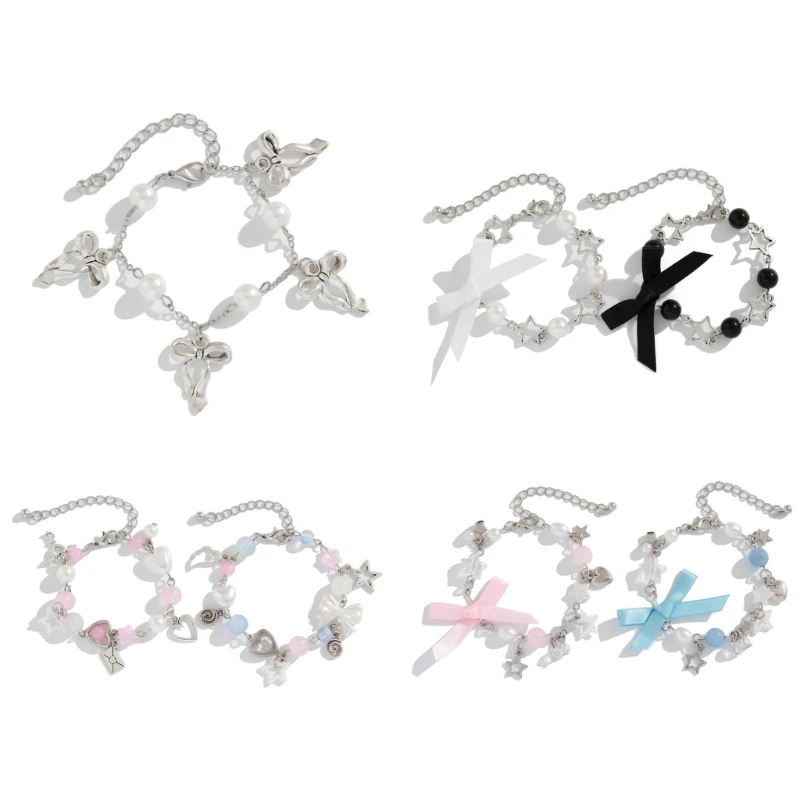 Elegant Bowknot Pendant Charm Bracelet Pastoral Bowknot Wristband Adorned with Faux Pearls Elegant Bracelet Adornment