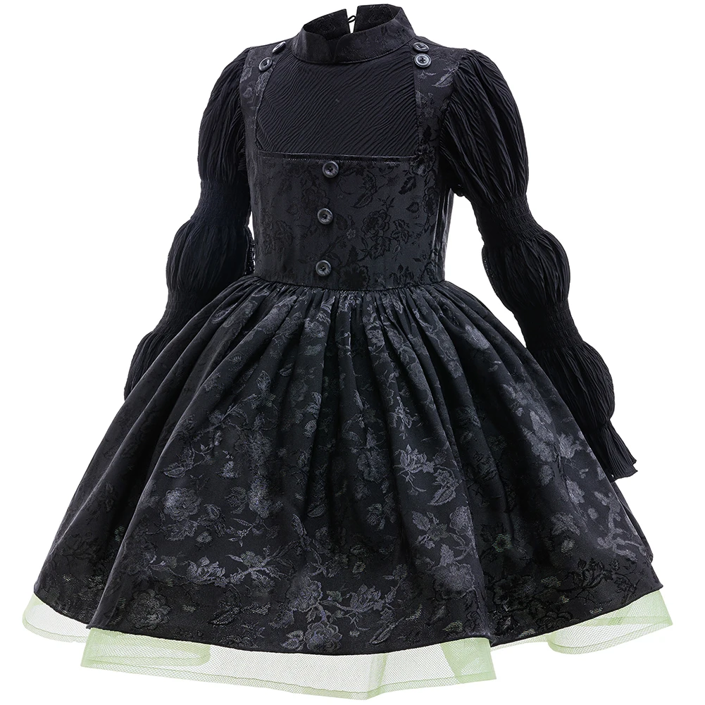 Girls Long Sleeve Black Dress Fancy Witch Cosplay Costume Witch Halloween Dress Carnival Birthday Party Kid clothing