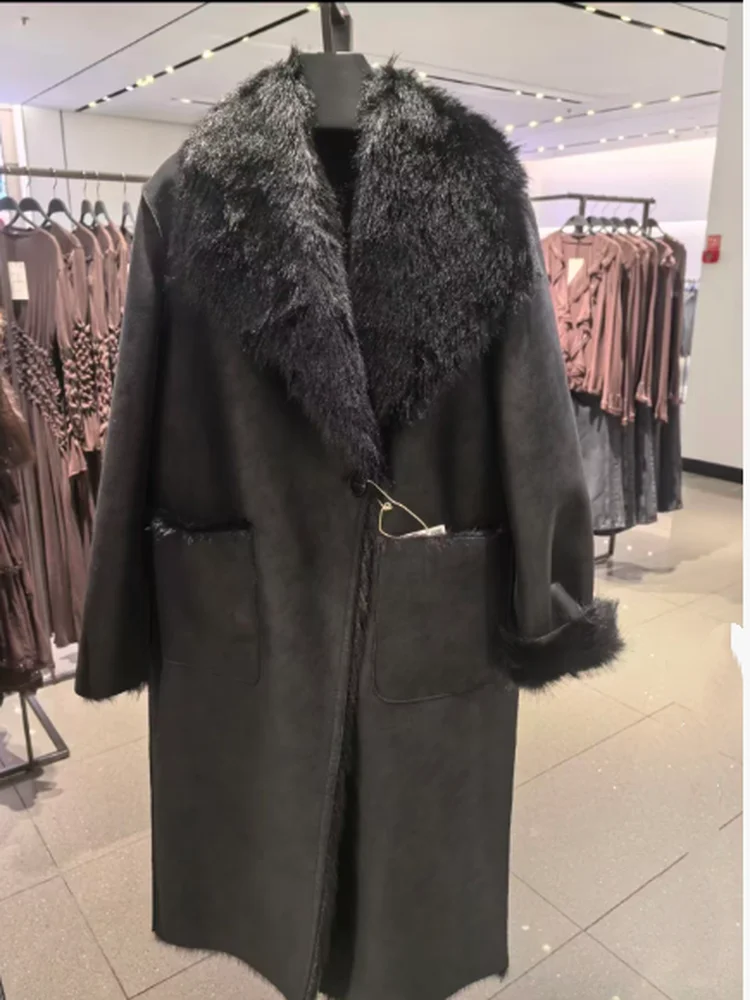 Otoño Invierno ropa de doble cara abrigo de piel Artificial de ajuste suelto Vintage Sle Long Sve señoras Jaet fibra de poliéster