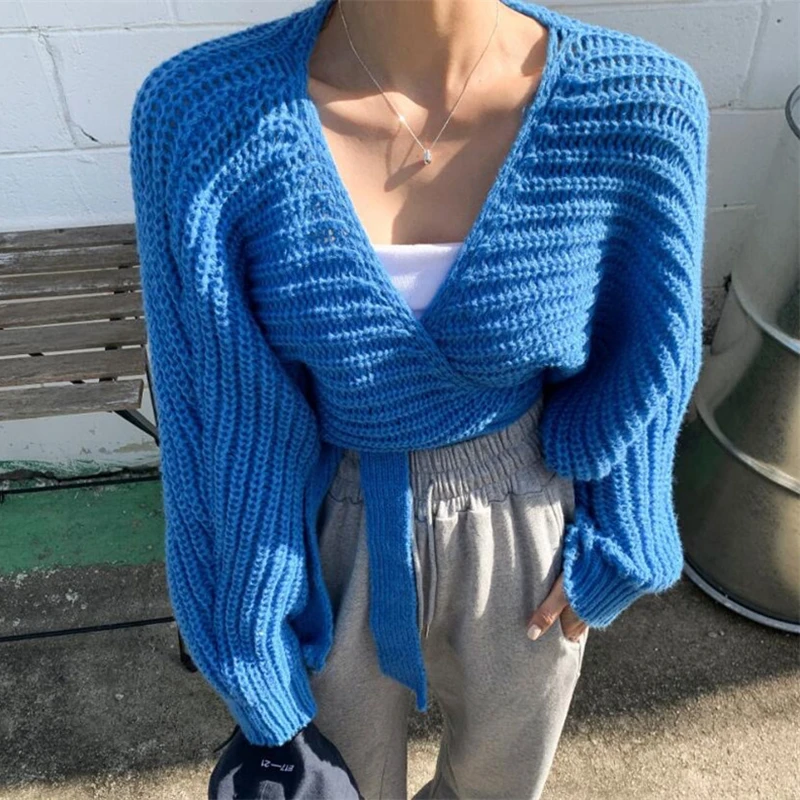 

Вязаный свитер, женские кардиганы, новый вязаный свитер на шнуровке с длинным рукавом и v-образным вырезом, кардиган, женские топы, трикотажные изделия Sueters De Mujer Q1491