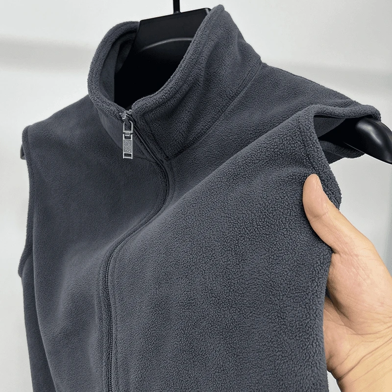 Double-Sided Fleece Zip-Up Vest Men's Autumn Winter Thick Warm Sleeveless Jacket Youth Casual Wear for Daily Use