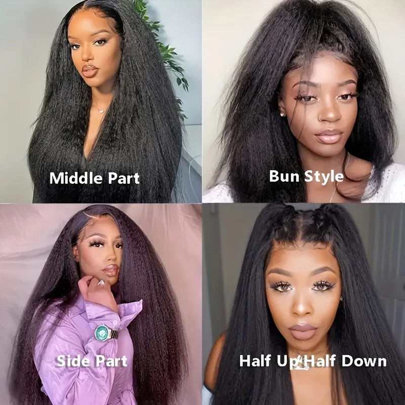 Kinky Straight V Part Wig Glueless Human Hair Wig for Women Natural Black Color No Leave Out Yaki Straight Hair Wig 250% Density image 5