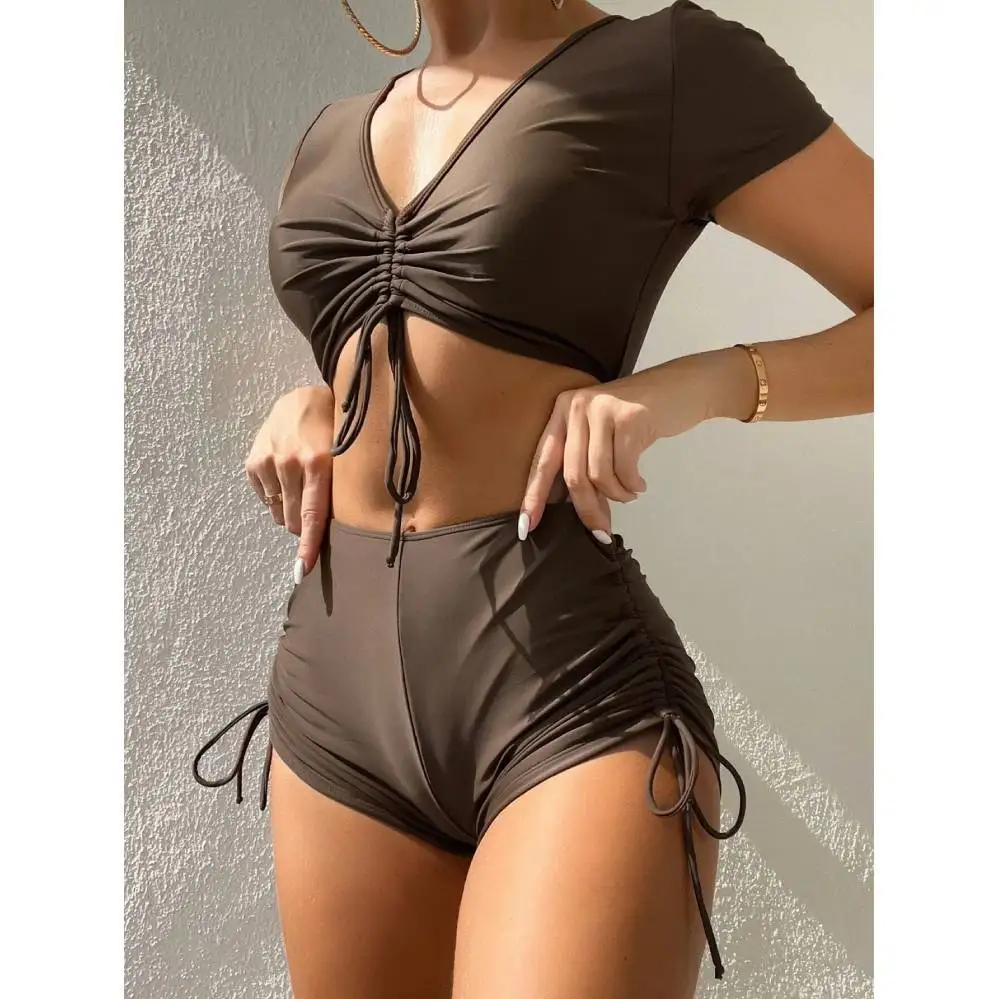 Women Summer Bikini Set V-Neck Short Sleeve Tops High Waist Swimwear Bikinis Two Pieces Set Female Swimwear Vacation Outfits