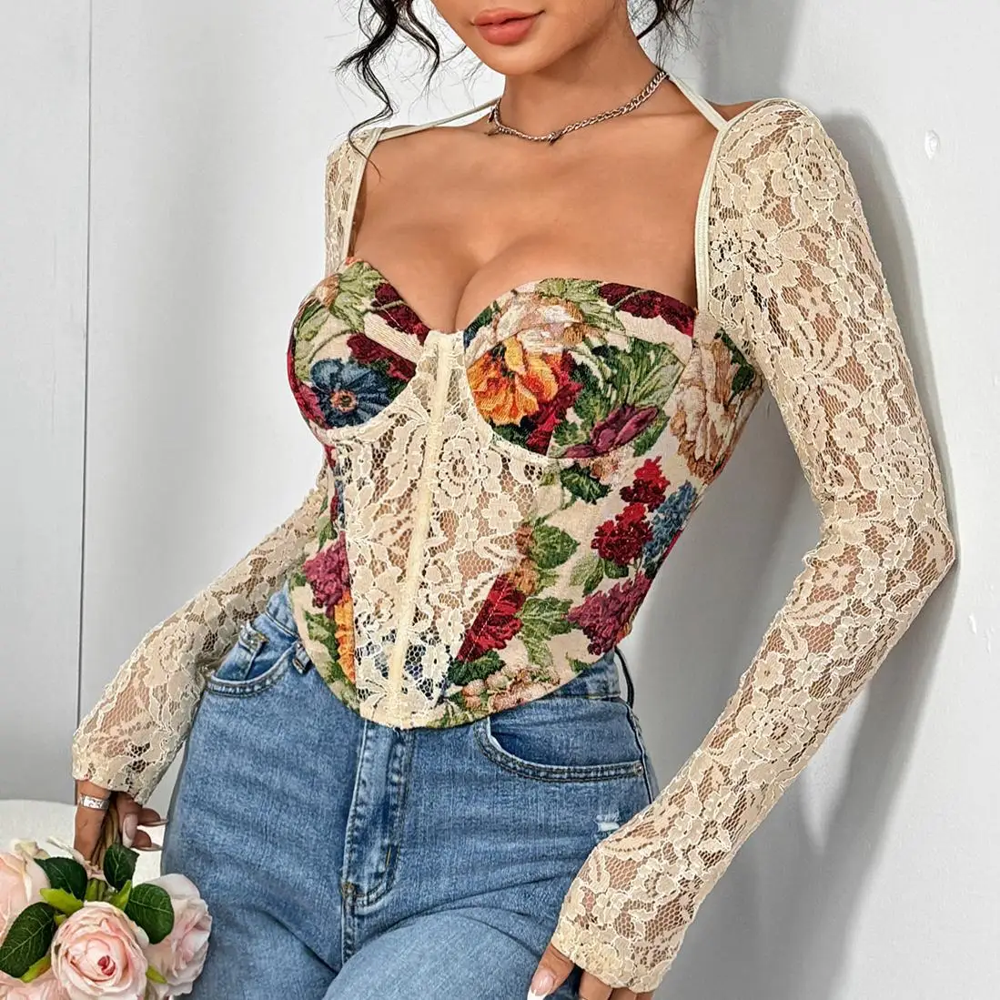 

Lace Mesh Long Sleeve Floral Corset Tops Women French Square Neck Top Bones Backless Lace-up Top Sexy Camis Body Shaper Crop Top