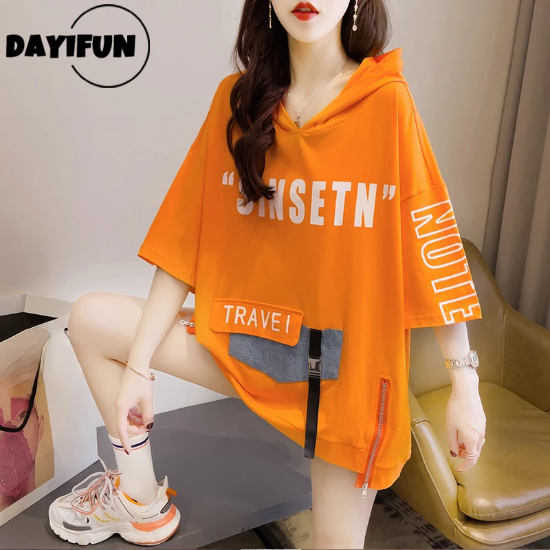 

DAYIFUN Black White Yellow Letters Printed Long T Shirts Women Cotton Summer Hooded T-shirts Female Loose Hip Hop Tee Shirt