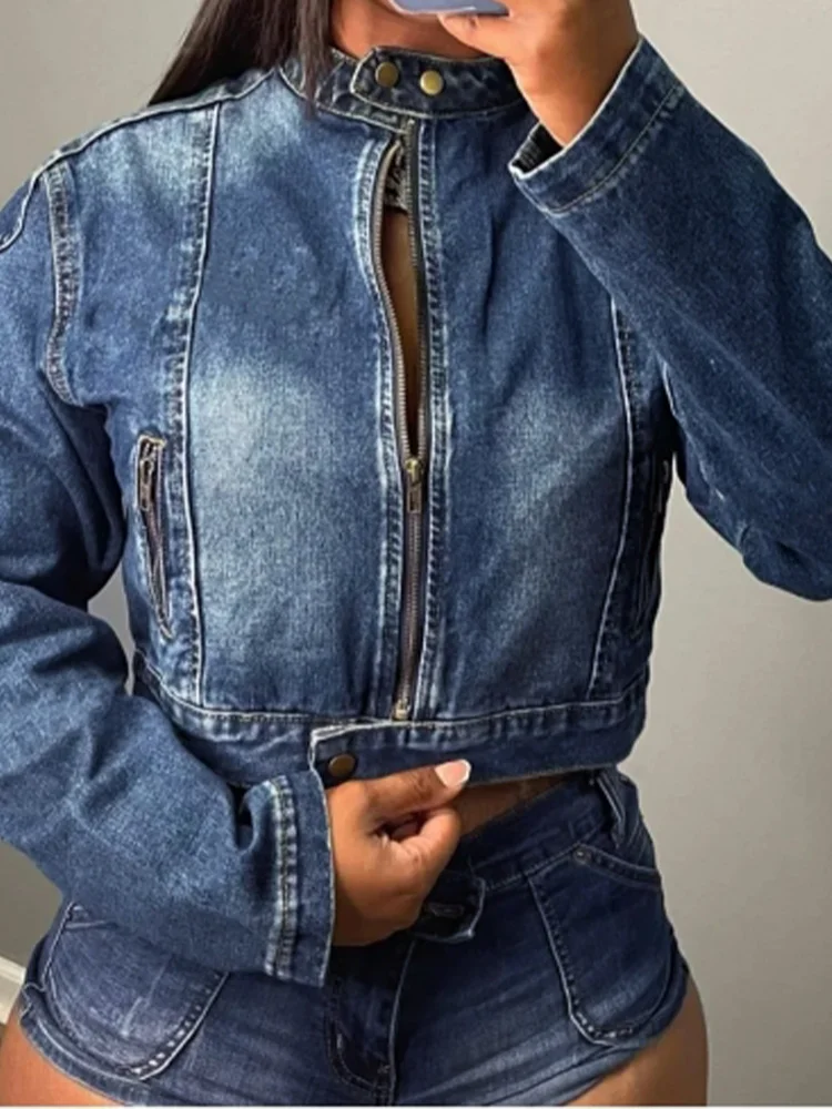 

Button Zipper Long Sleeved Solid Color Pleated Women's Two-piece set high street fashion daily versatile spring denim suit