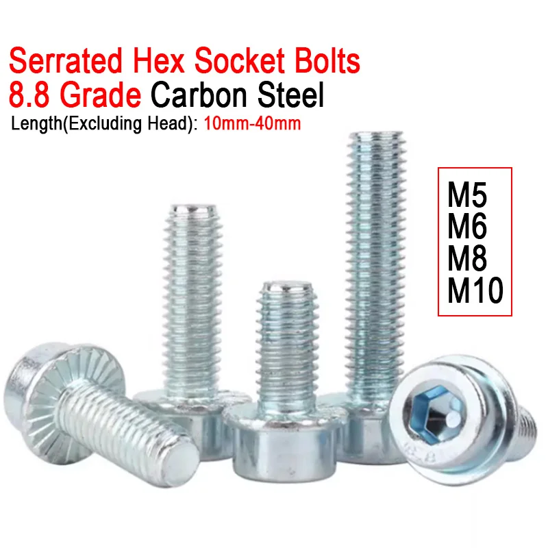 10/20/50pcs M5 M6 M8 M10 8.8 Grade Carbon Steel - Zinc Plated Serrated Hex Socket Bolts Galvanised Cap Head Flange Screws