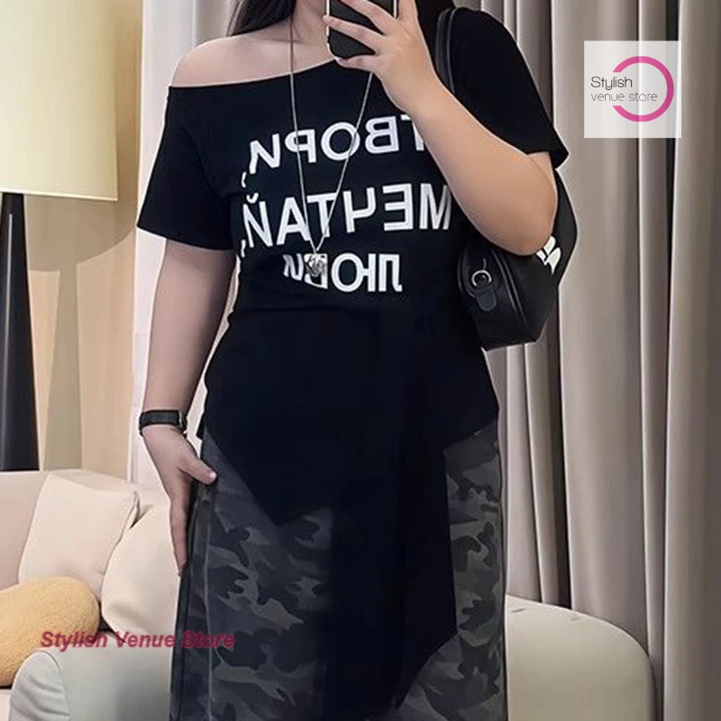 

American letter printing diagonal shoulder short sleeve T-shirt women's summer new fashion strap slim design sense spice top.