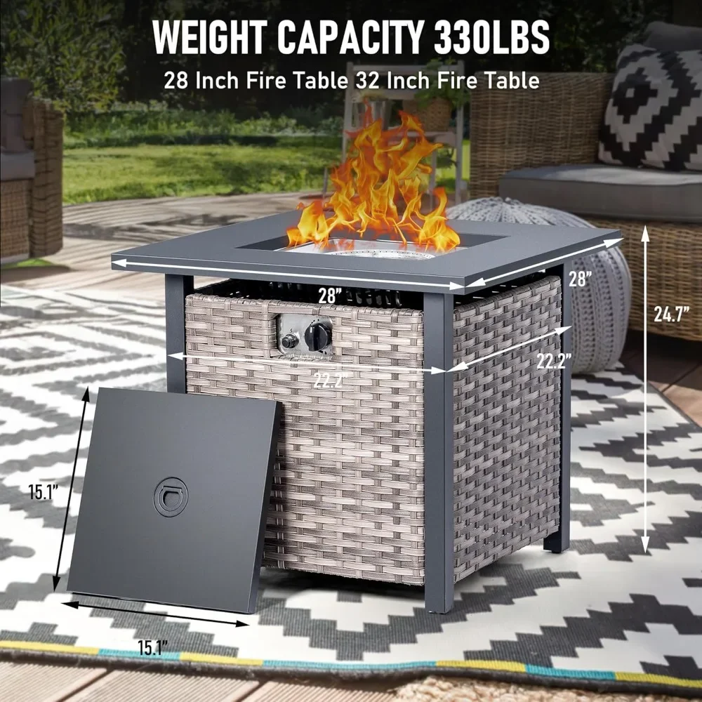 Gas Fire Pits 28Inch with Lid and Glass Beads, Waterproof Cover & Steel Tabletop Perfec, Wicker Rattan  Fire Pits Table