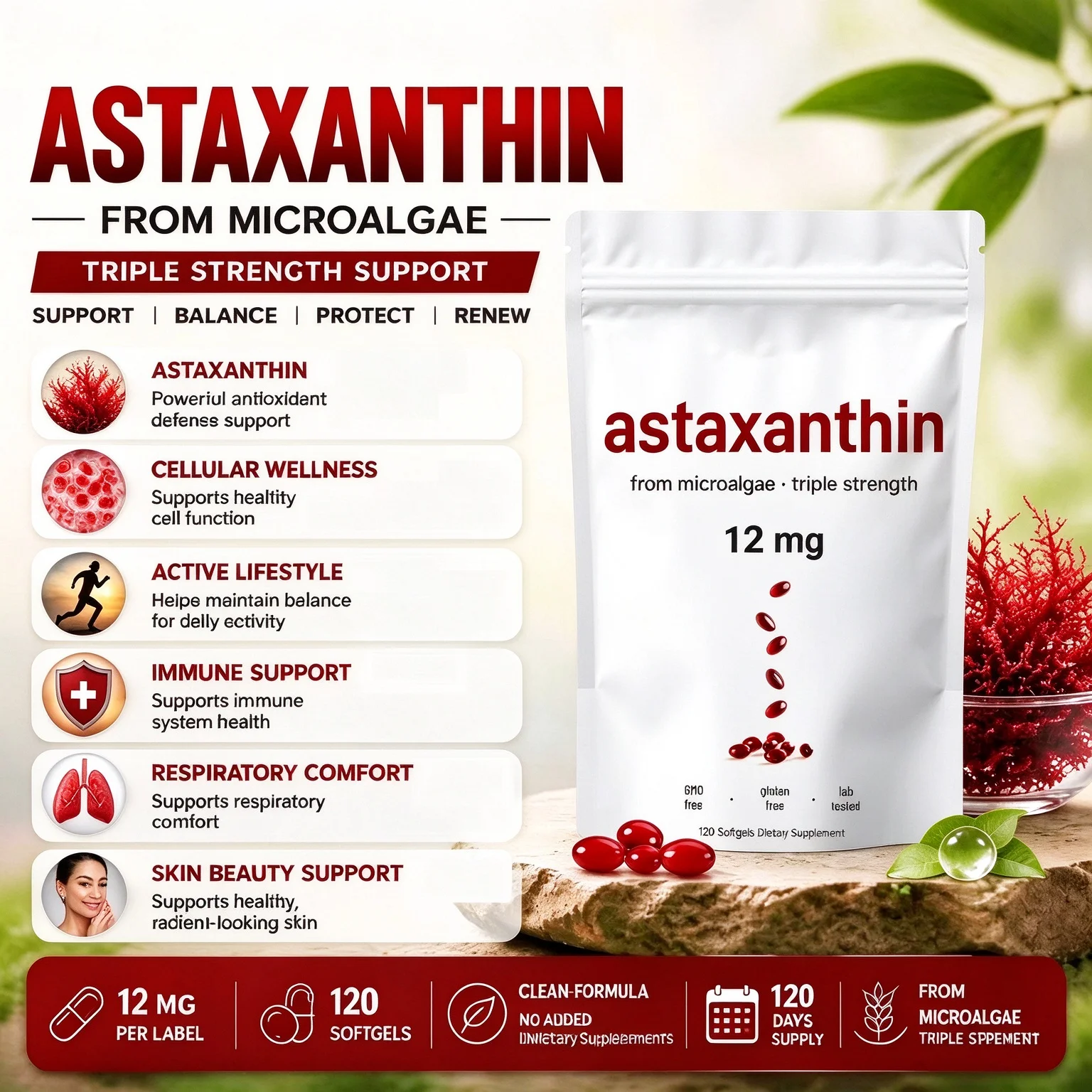 Astaxanthin 12mg 120 Softgels Triple Strength Microalgae Antioxidant Supplement Support Immune Skin Beauty Cellular Wellness