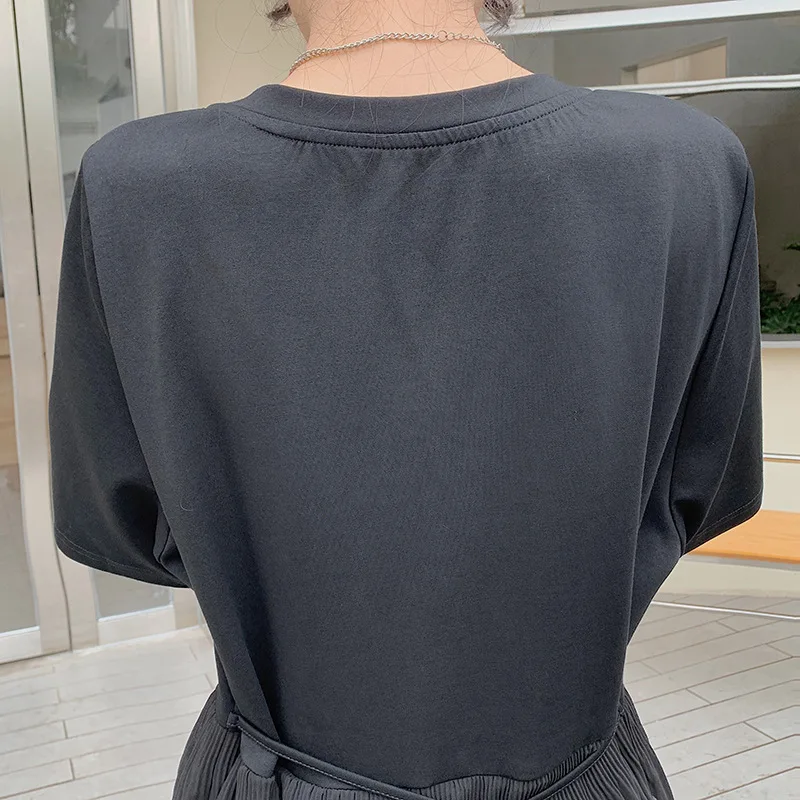 Eenvoud Jurken Elegant Patchwork Ruches Effen Zwart Zomer Dunne O-hals Korte Mouw Koreaanse Mode Losse Dameskleding