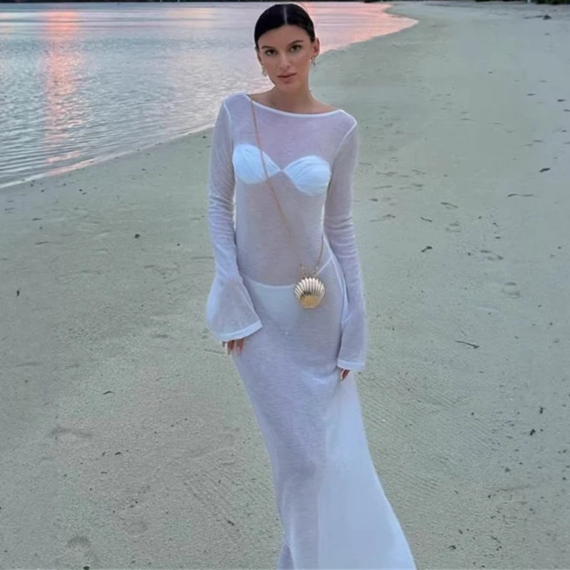 

TARUXY Summer Beach Dress Cover-Up Women's Sexy Backless Vacation Long Style Dress High-Waisted Slim Solid Sheer Dress Female