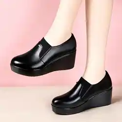 6cm Small Size 33-43 New Fashion Deep Mouth Med Block Heels Shoes with Fur Fall 2026 Black Soft Leather Wedges Shoes Office Mom
